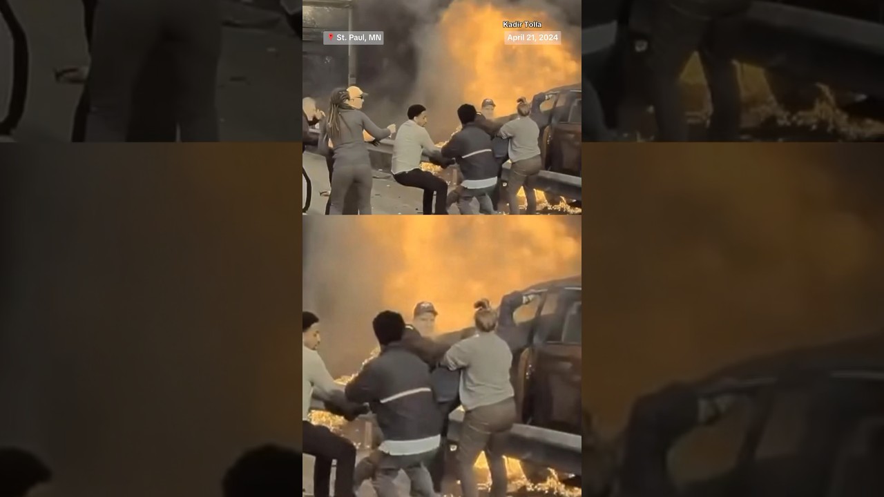 Good samaritans rescue person from burning car on highway Good samaritans rescue person from burning car on highway