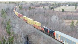 Awesome Aerial 4K View! Very Late Freight Train CN 306 w/DPU & Containers near Berry Mills, NB