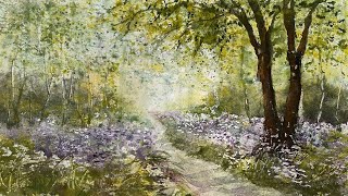 Как написать лесной массив губкой. Колокольчики. Акварель. Bluebells in watercolour.