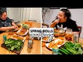 GIANT SHRIMP + PORK + FRIED EGG ROLL WRAPPER SPRING ROLLS (COOKING + EATING) MUKBANG 먹방 EATING SHOW!