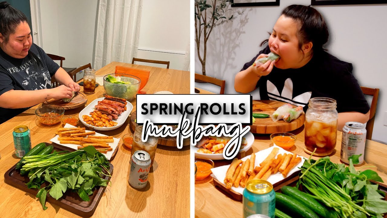 GIANT SHRIMP + PORK + FRIED EGG ROLL WRAPPER SPRING ROLLS (COOKING + EATING) MUKBANG 먹방 EATING SHOW!