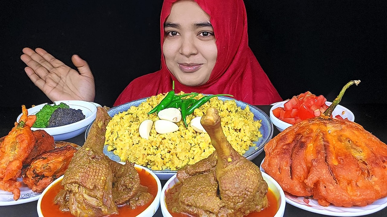 REAL EATING HUGE DUCK CURRY+KHICHURI, BRINJAL FLOWER FRY, DIFFERENT TYPE PAKORA, BHARTA, ASMR EATING