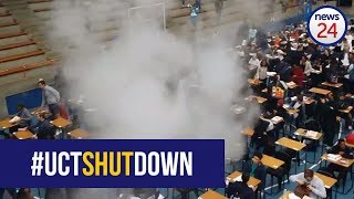 WATCH: Exam venues disrupted, fire extinguishers discharged and fire hose opened at #UCTshutdown