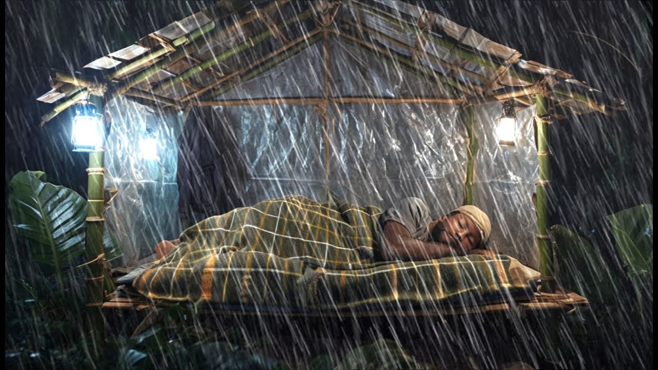 Building a Warm Bushcraft Shelter // in the HEAVY RAIN THUNDERSTORME ...