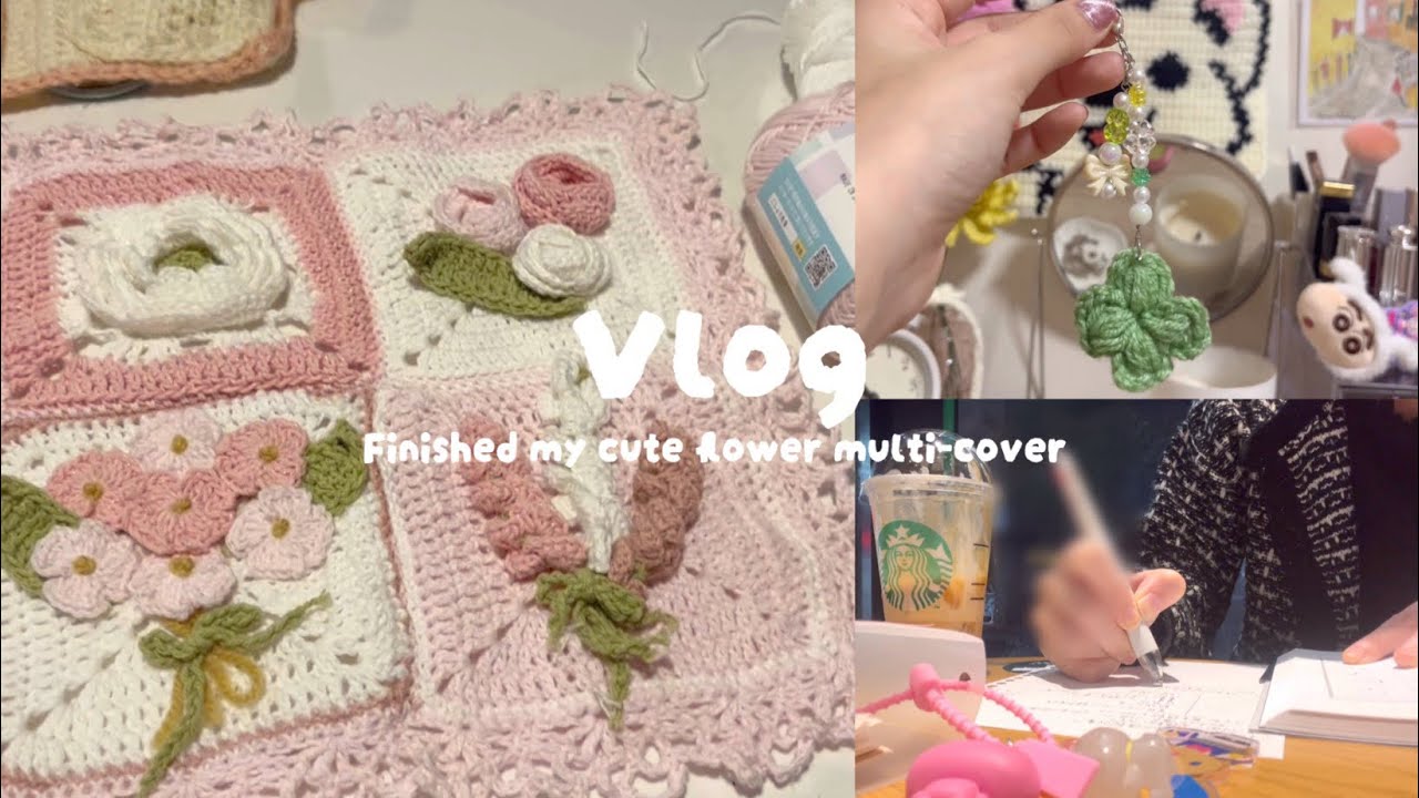 Vlog:お花のマルチカバー完成！🌟💐クローバのビーズアクセサリー作った🍀💍退勤後にスタバで勉強✍