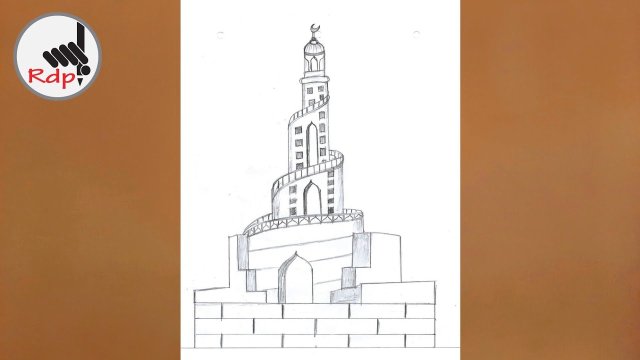 how to drawing a beautiful sprial mosque qatar with pencil Islamic