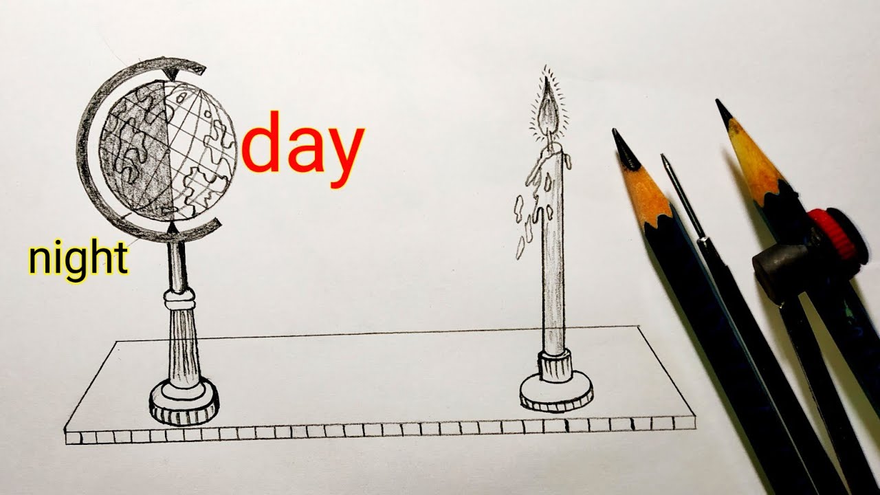 Day and night test drawing with globe and candle || How to Draw || Easy Drawing idea ||