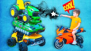 Artem and Cars Compilation Video for kids abaut Power Wheels Cars, Tractor, Sportbike