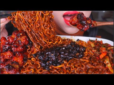 ASMR SPICY BBQ FRIED CHICKEN | SAMYANG BLACK BEAN NOODLES 炸酱面 | GREEN ONION KIMCHI | EATING SOUNDS