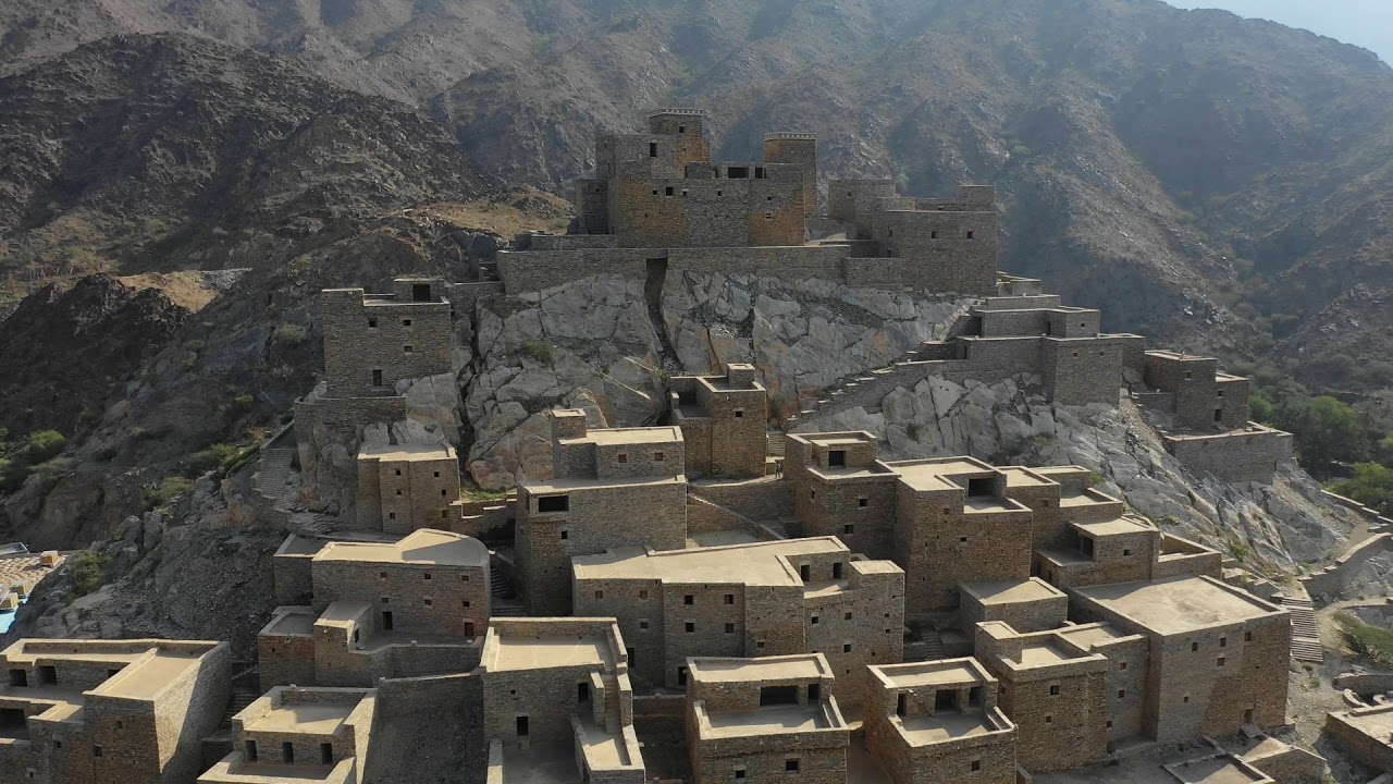 4K Dhee Ayn marble village aerial view, Al-Bahah region, Al Mukhwah ...