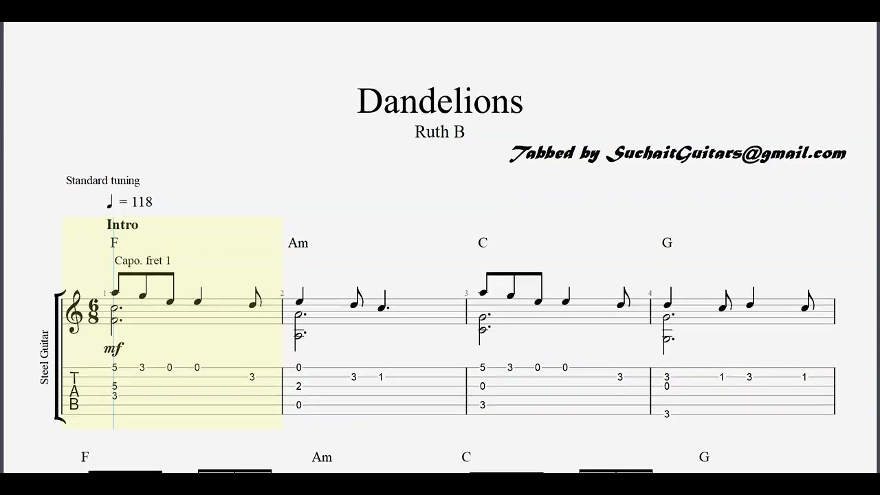 Dandelions (Ruth B.) fingerstyle version guitar lesson YouTube