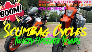 1290 Superduke R, Streetfighter V4, 690 SMC R VS. Twisty Upstate Roads