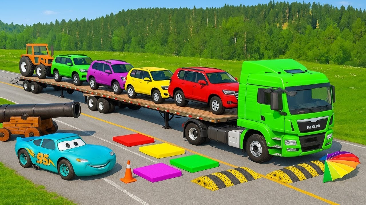Five Flatbed Trailer McQueen Transportation with Truck - Speedbumps vs Cars vs Train - BeamNG #273