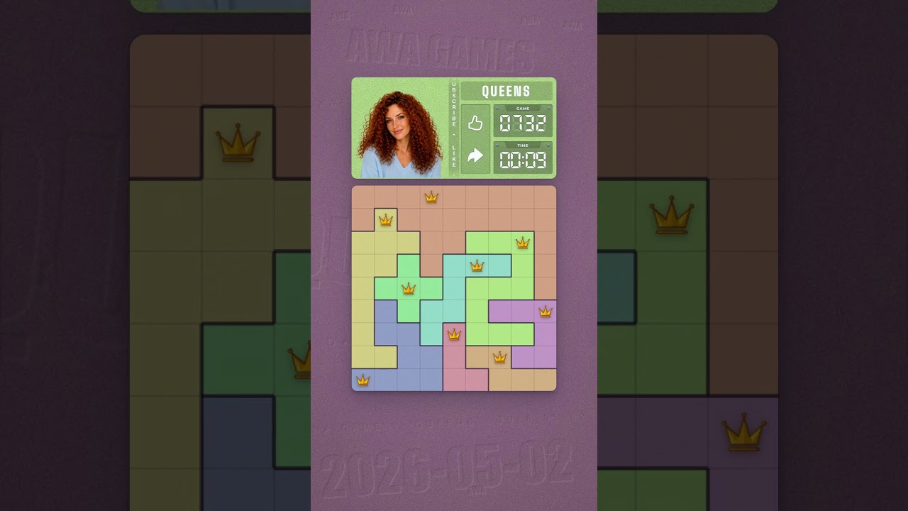 LinkedIn Queens #732 solved board for May 2, 2026, 9x9 grid