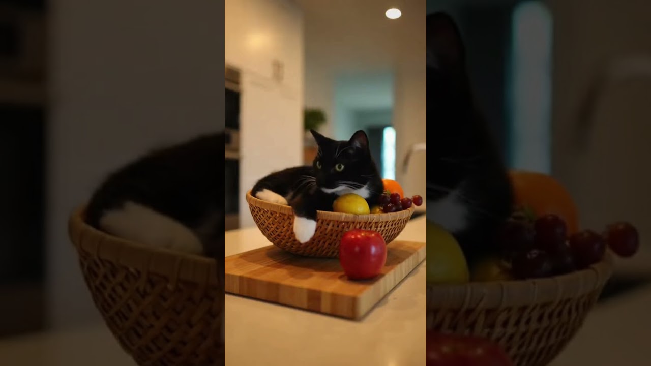😹 🐈‍⬛ Tuxedo Cat kicks fruit basket running Chaos unleashed 