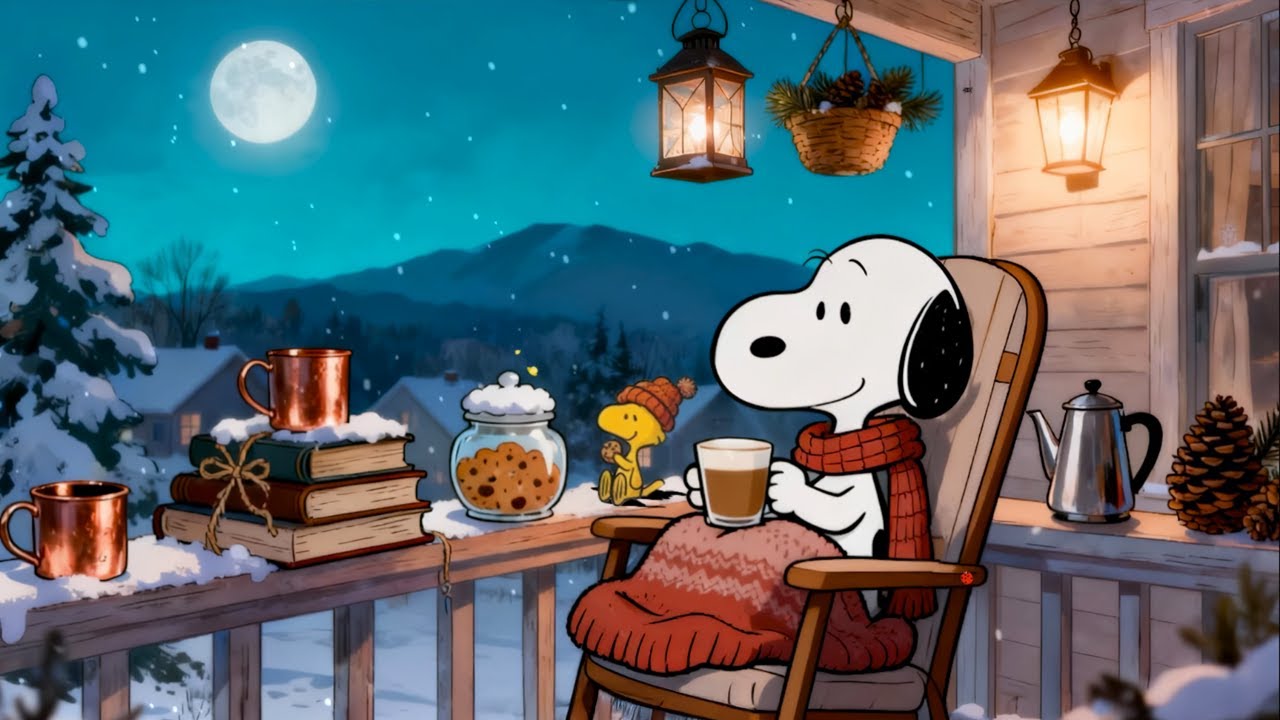Snoopy Under the Winter Moon 🌕❄️ | Warm Drink, Snowy Balcony & Quiet Night ☕ | Cozy Lofi to Relax 🎧