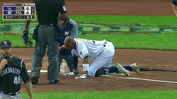 COL@MIL: Broxton exits after being HPB in the face