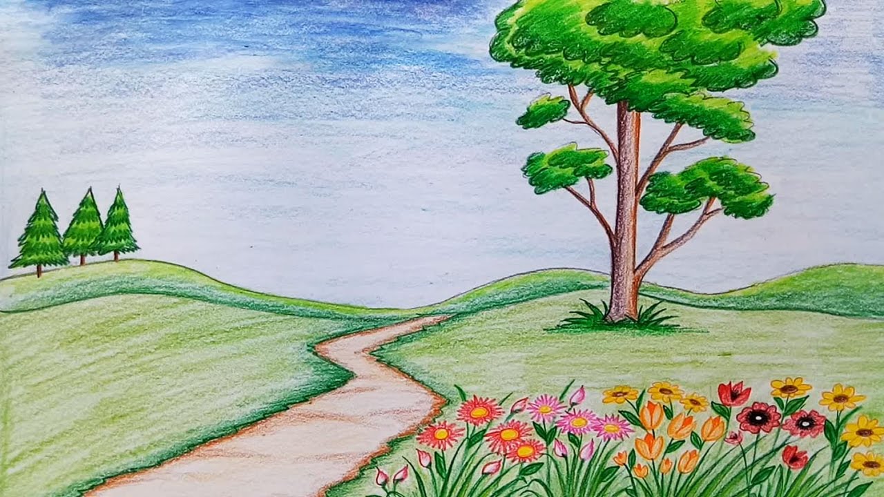 How to draw scenery of flower garden step by step (very easy) - Green