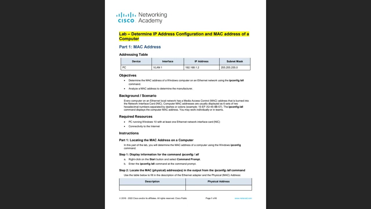 Week5 Lab 4 Determine IP Address Configuration and MAC Address of a computer or a laptop