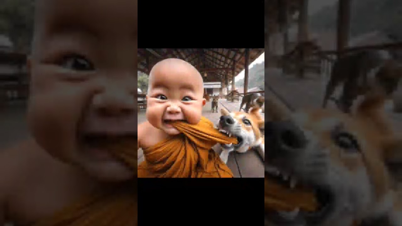 little monk so cute with dog 