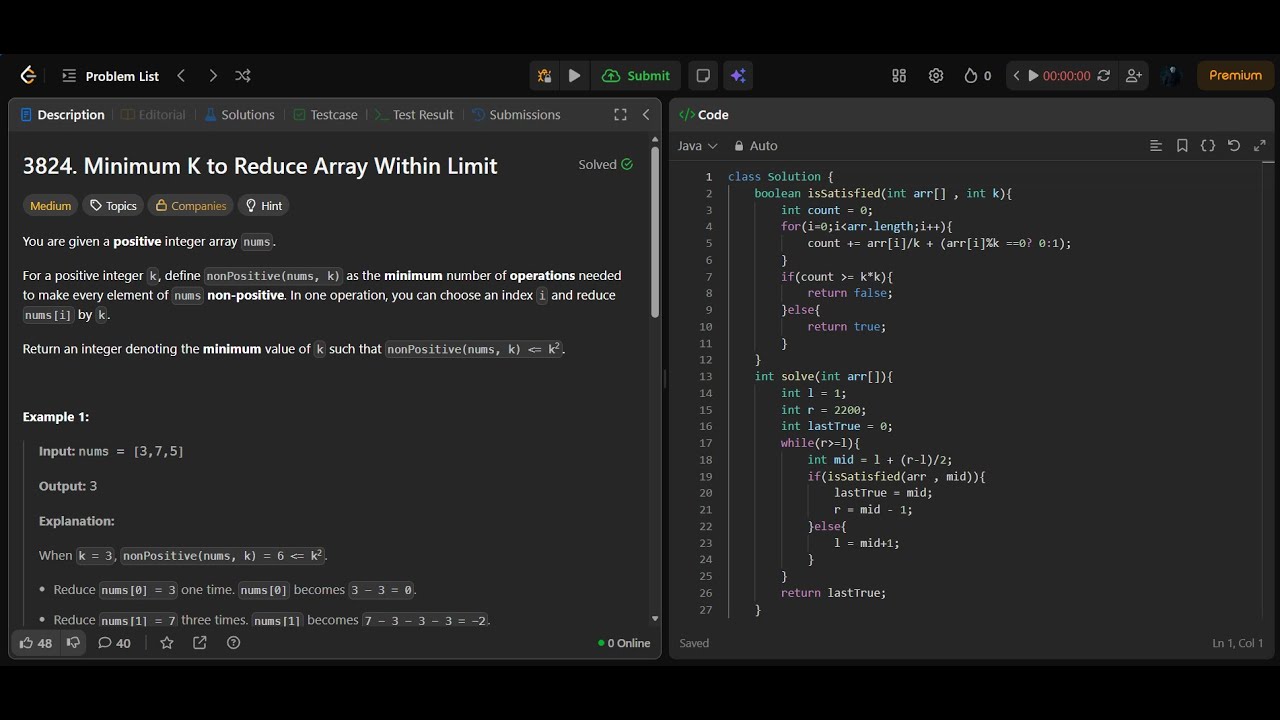 3824. Minimum K to Reduce Array Within Limit - YouTube