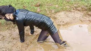 73 Leather Jacket & Over-The-Knee Boots Stomping In Mud