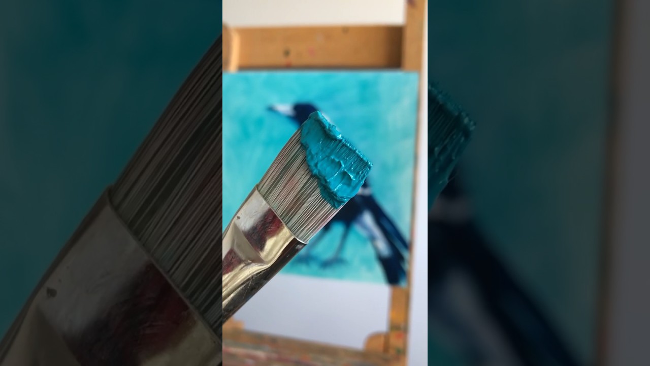 Oil painting process - Magpie on bright turquoise