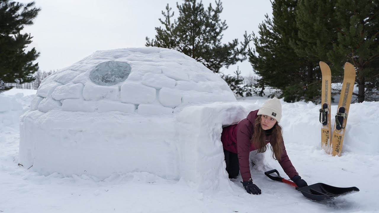 SOLO GIRL bushcraft in IGLOO and fishing ASMR