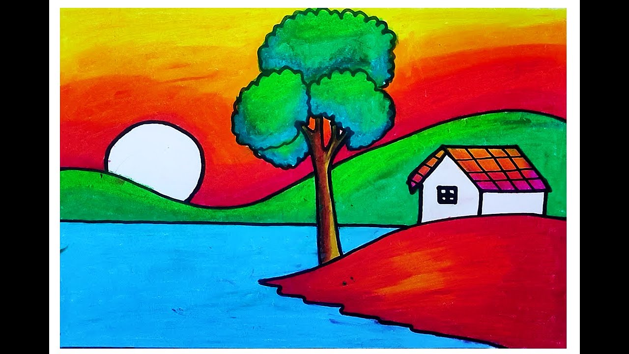 How to Draw Easy Scenery | Drawing Sunset Scenery Step by Step with Oil ...