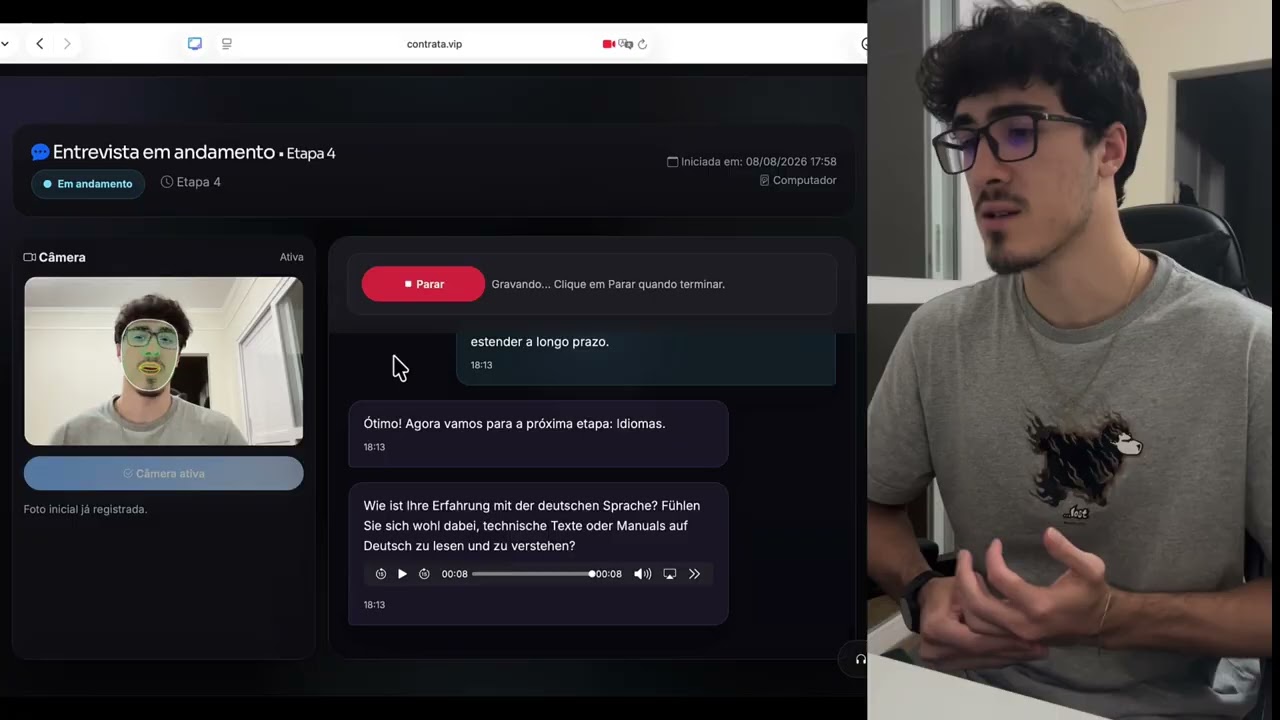 Tela de entrevista com inteligência artificial no Contrata VIP