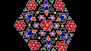 Beautifully colored creative flower rangoli  21*11dots with colors | 21dots rangoli designs |