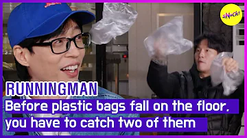 [RUNNINGMAN]  Before plastic bags fall on the floor, you have to catch two of them (ENGSUB)