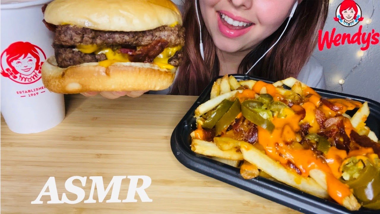 ASMR WENDY'S BACONATOR+BACON JALAPENO FRIES WITH CHOCOLATE FROSTY