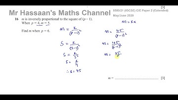 0580/21/M/J/20 (IGCSE) Paper 21 CAIE Q16 Algebra, Inverse Variation