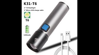 Unboxing K31 Powerful T6 Led Flashlight Torch Zoomable Rechargeable LED Torch - Stainless Steel