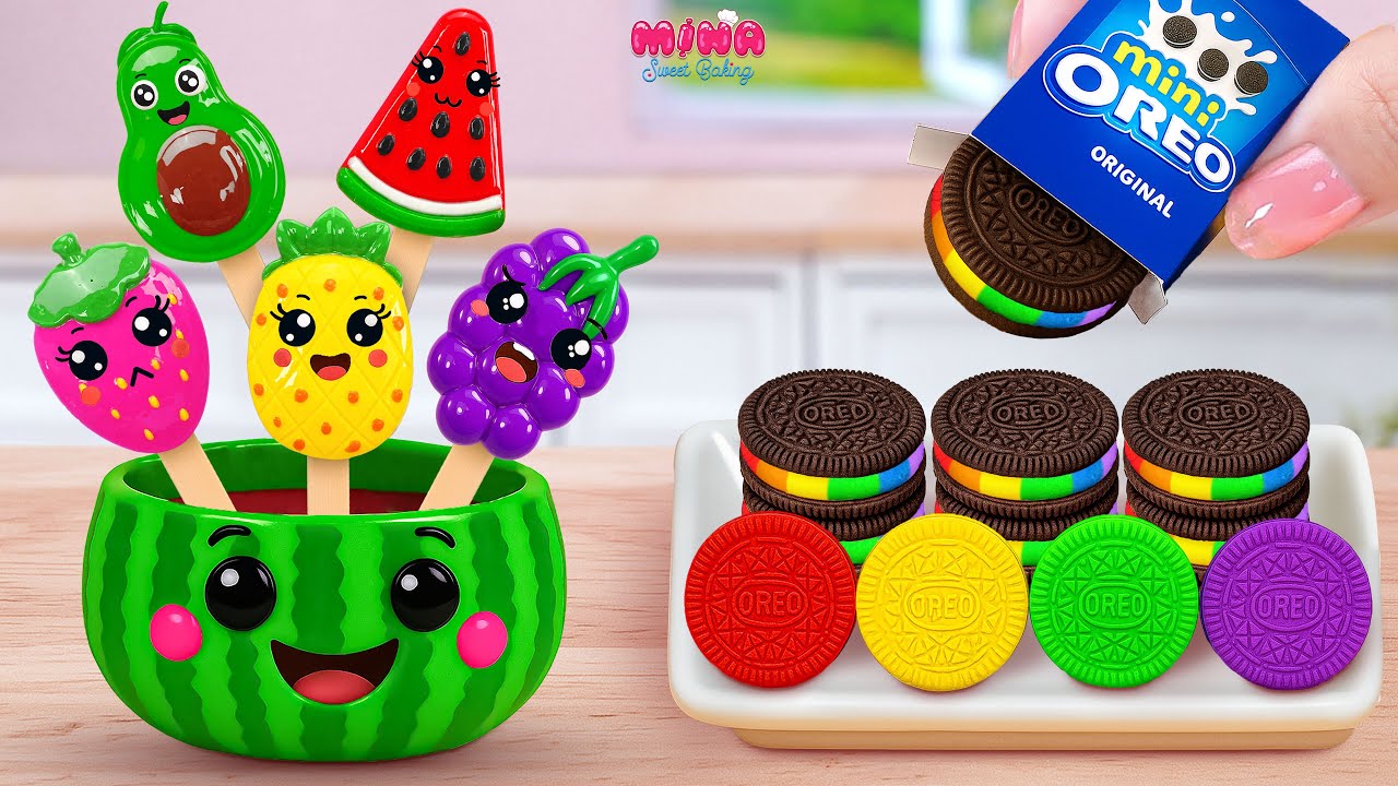 🍰Очаровательное фруктовое мороженое против радужного торта «Орео»🍰Идеальные мини-десерты с радужн...