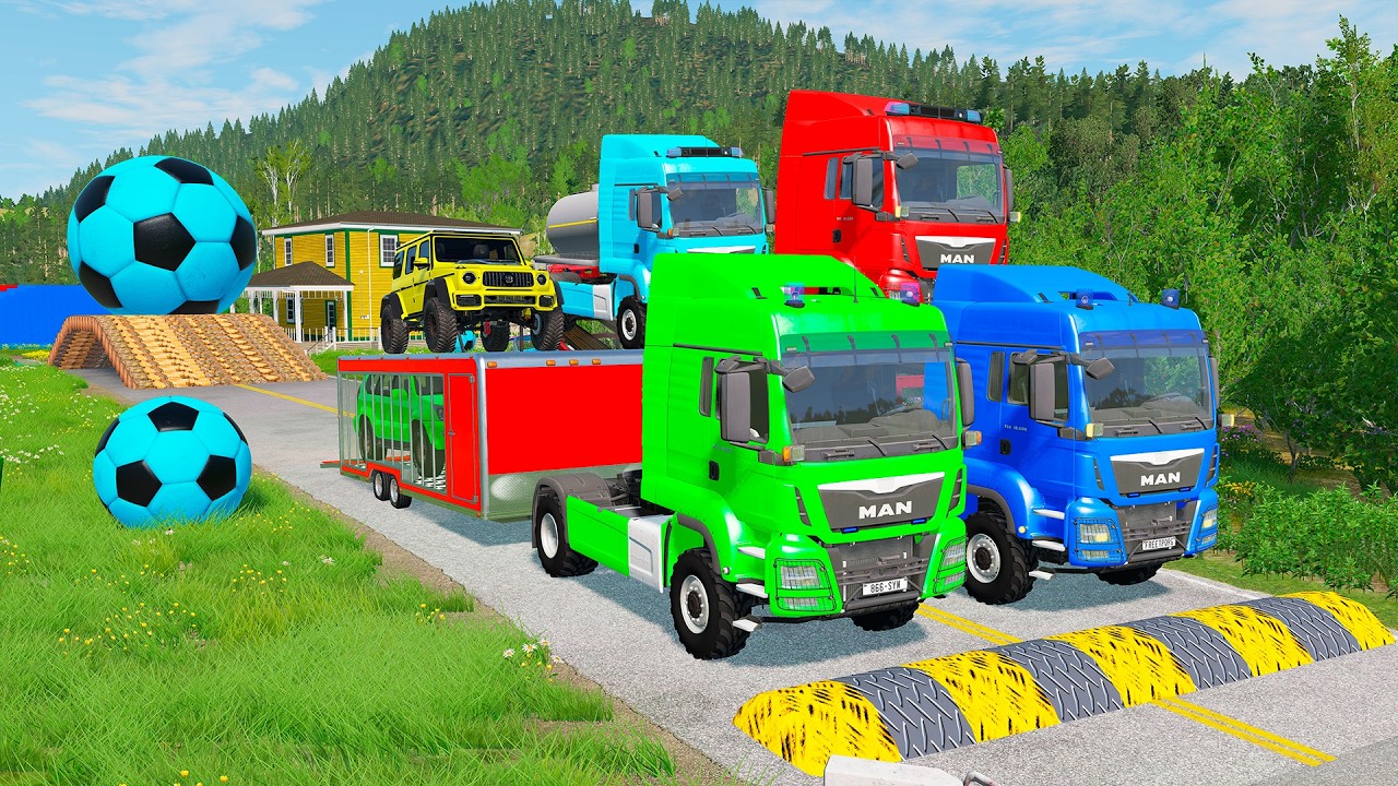 Double Flatbed Trailer Truck vs Speedbumps Train vs Cars | Tractor vs Train Beamng.Drive 0136