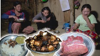 Buff Chhoila Recipe with Rice cooking & Eating | Newari style Buff Choila in Village | village vlog