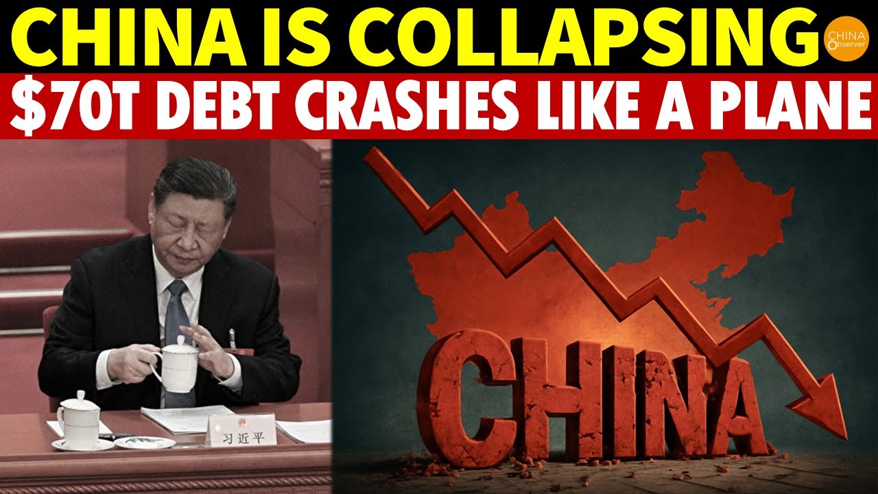 China’s  trillion debt points to potential economic collapse, resembling a plane in irreversible descent.