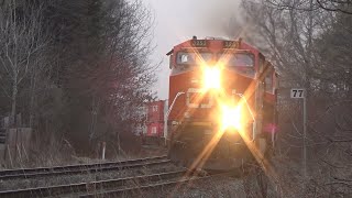 Friendly Horn Action! Big Stack Train CN 120 w/DPU Rolling thru Amherst, NS - Burnt Out Ditch Light