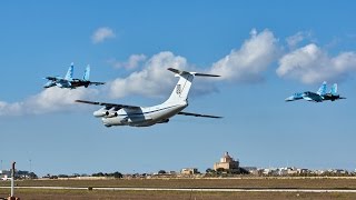 Ukrainian Air Force Ilyushin Il-76 & 2 Sukhoi Su-27 Flankers Low Pass