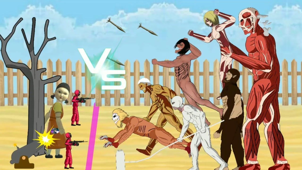 Squid Game Vs Colossal,Jaw Titan,Eren Titan,Armoured Titan,Female Titan