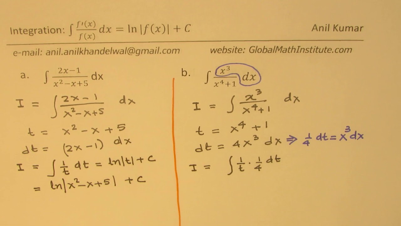 Integration Theorem F X F X Dx Ln F X C With Proof Youtube