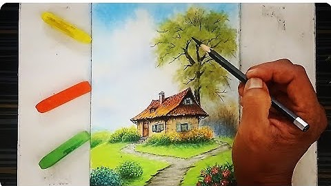 A cottage scenery drawing with soft pastels and pencil easy.
