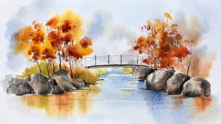 Easy Autumn Watercolor Landscape | Beginner Painting Tutorial 🍂