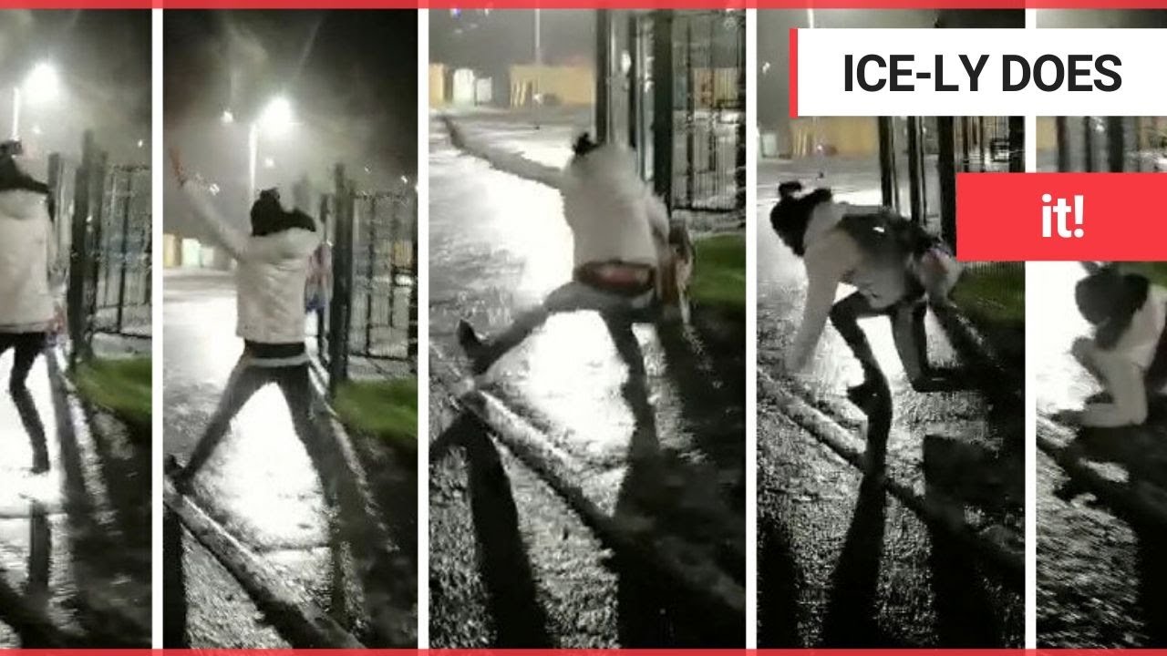 Hilarious moment a mum repeatedly slipped over on black ice and then
