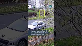 Moment suspect flees hit and run which nearly killed child waiting for a bus.