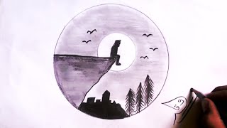 Easy Drawing in Circle || Sadness Man || Simple Art || Scenery & Sunset