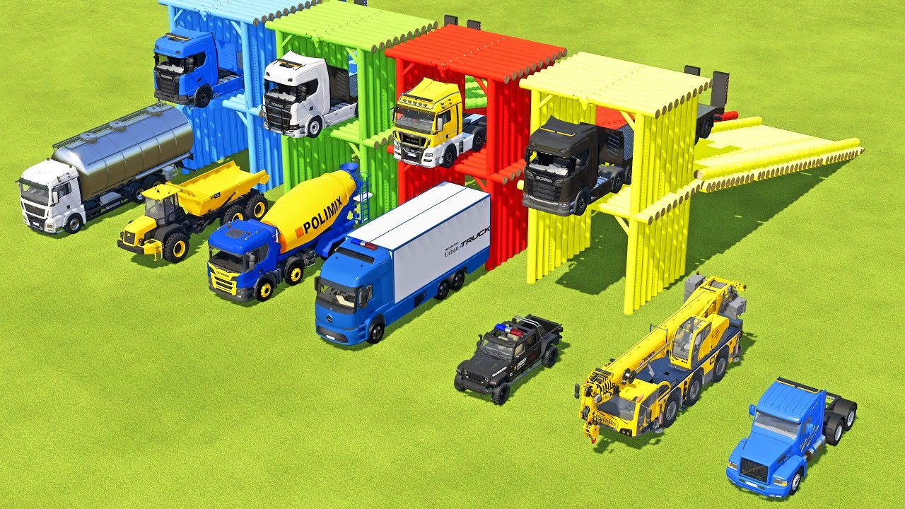 TRANSPORTING POLICE CAR, TANK TRUCK, MACK MIXER CEMENT TRUCK, BOX TRUCK, FIRE TRUCK -  FS22