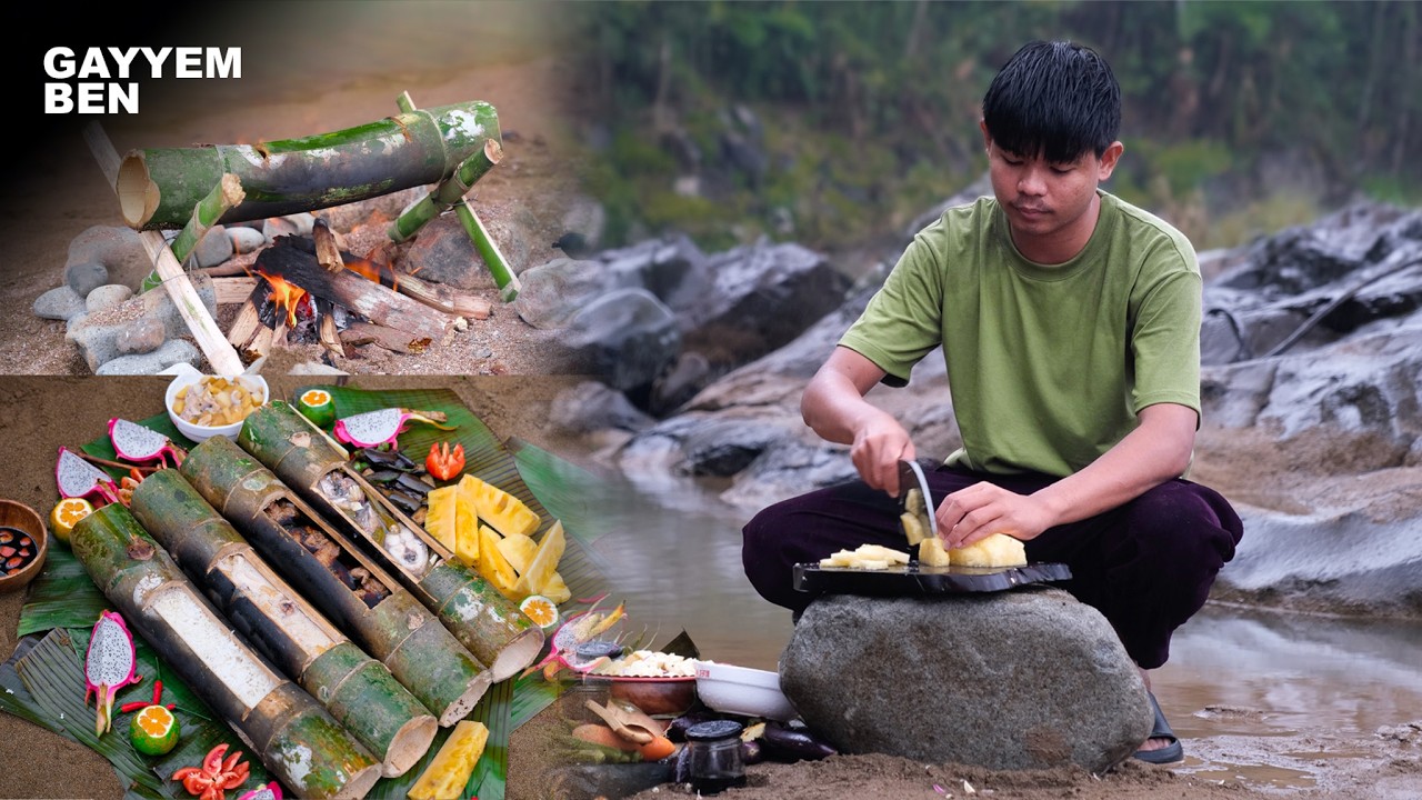 Cooking EVERYTHING using bamboo by the river | A survival tip
